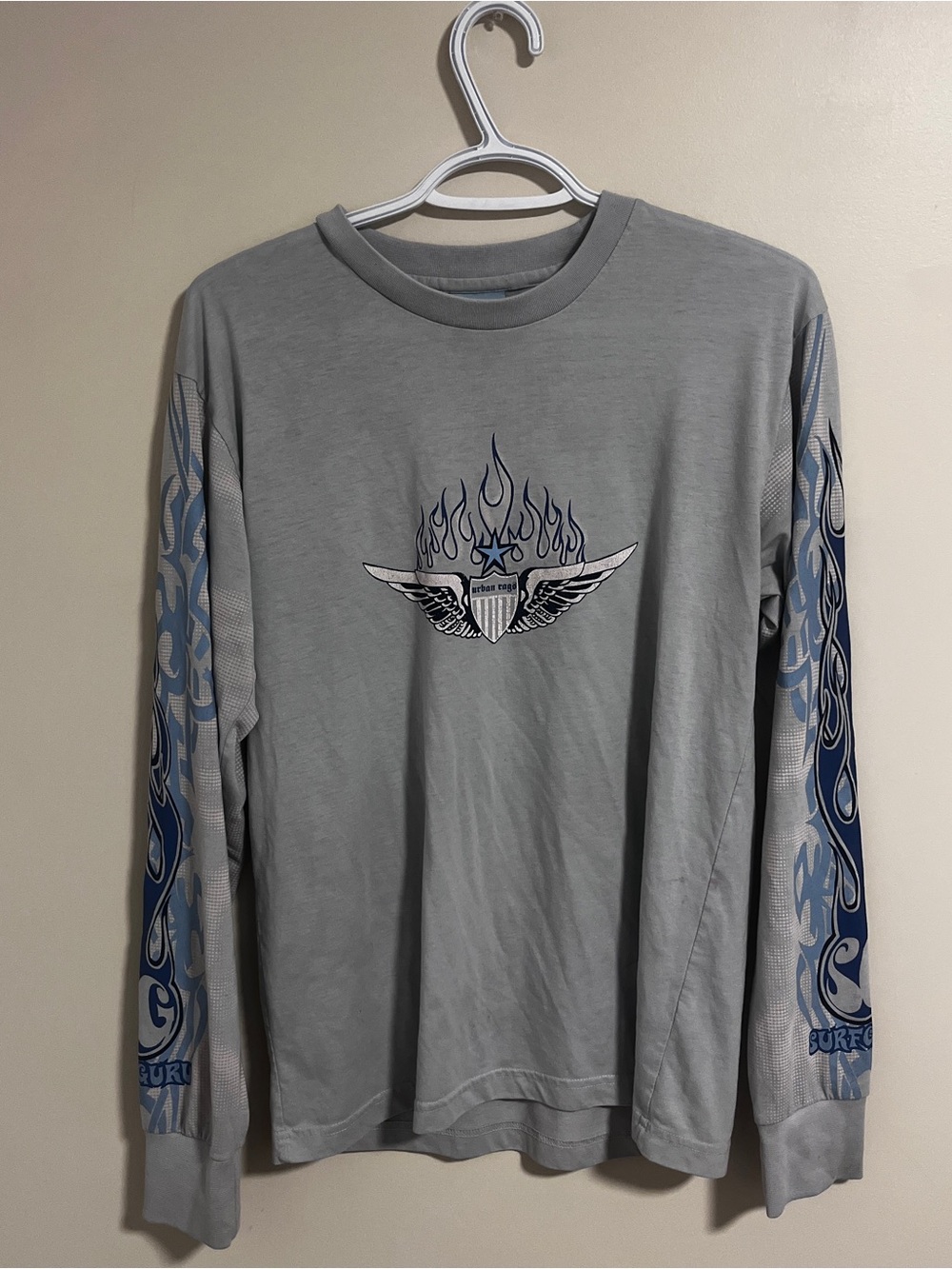 Men's Gray Long Sleeve Graphic Tee with Blue Flame Sleeves